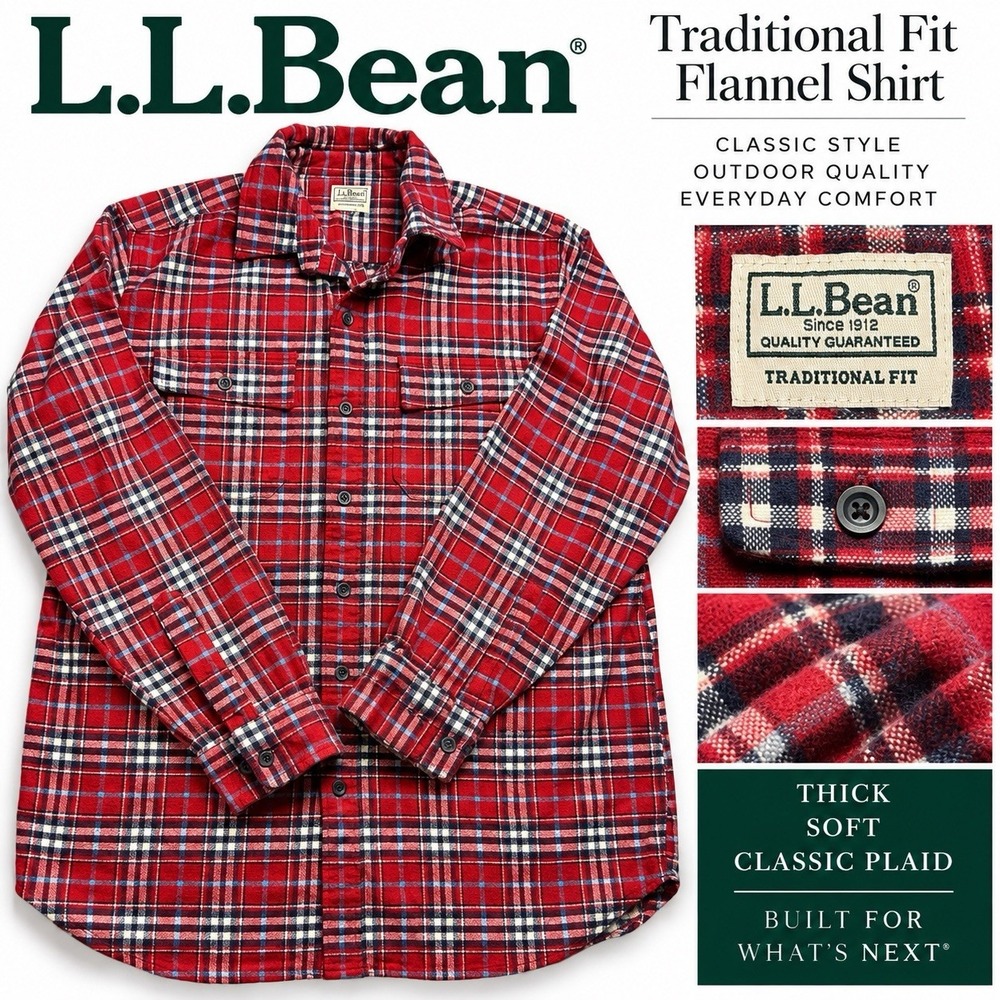 L.L.Bean Traditional Fit Flannel Shirt Red Plaid Men's Approx L Thick Soft EUC